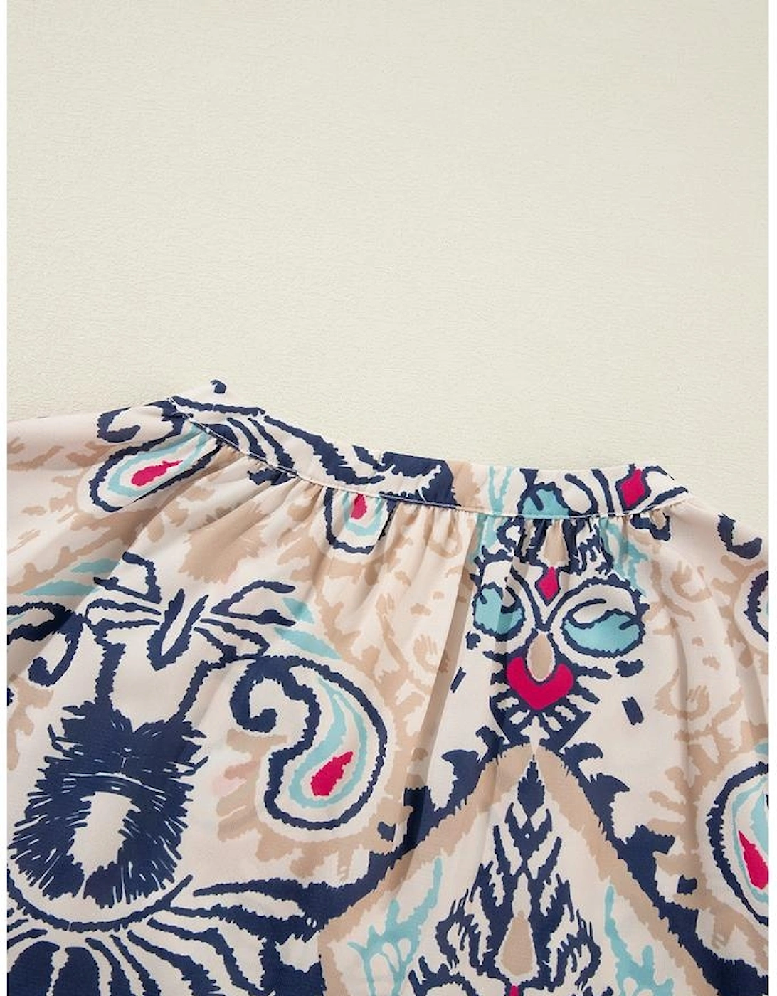 White Abstract Printed Notched V Neck Split Half Sleeve Blouse