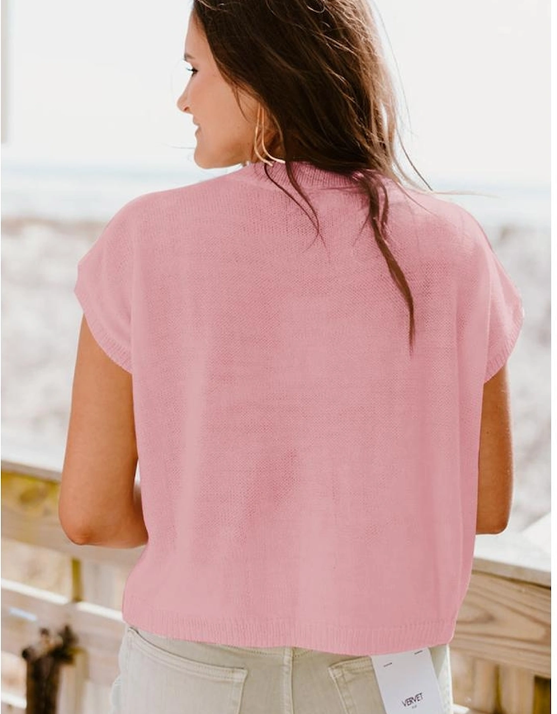 Pink Multi Crochet Flower Knit Short Sleeve Sweater Top