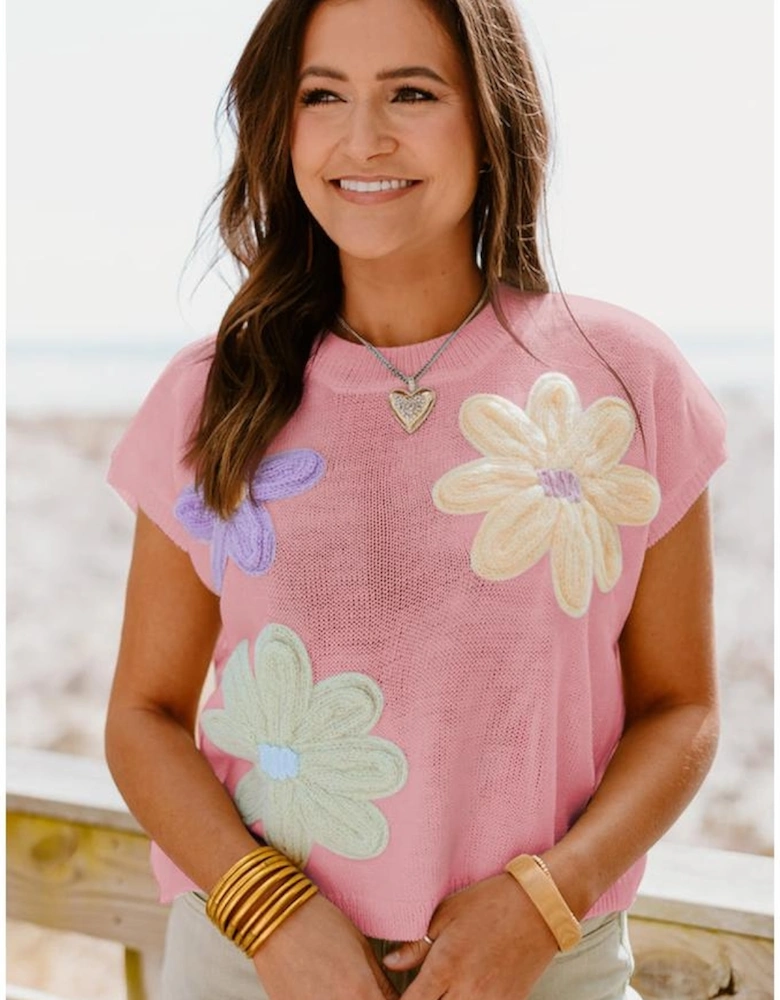 Pink Multi Crochet Flower Knit Short Sleeve Sweater Top