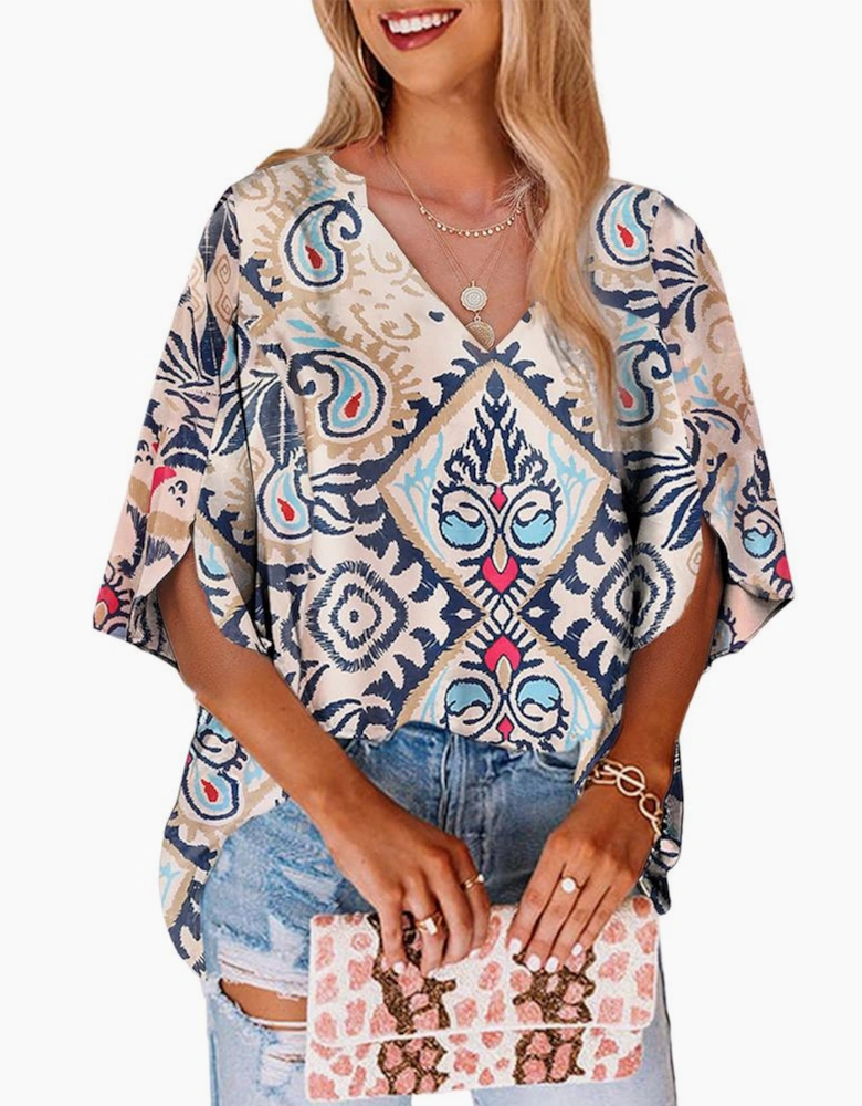 White Abstract Printed Notched V Neck Split Half Sleeve Blouse
