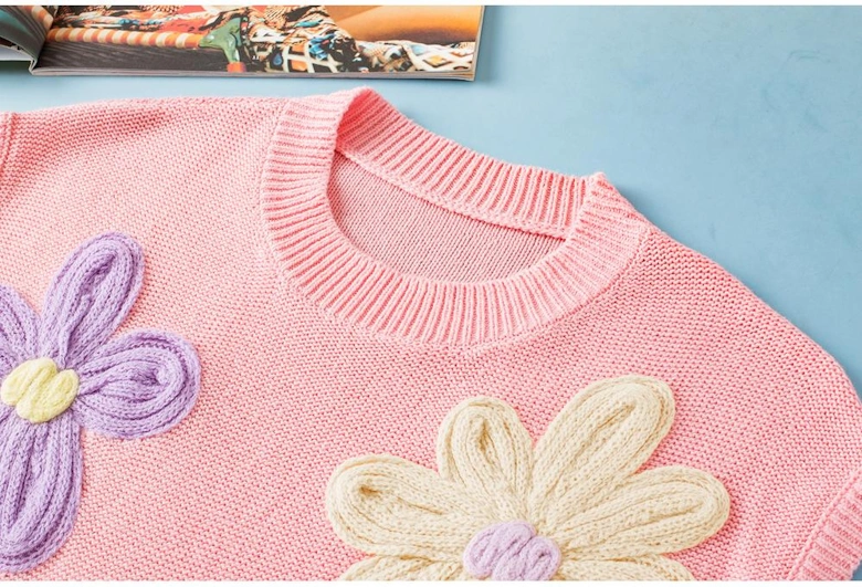 Pink Multi Crochet Flower Knit Short Sleeve Sweater Top
