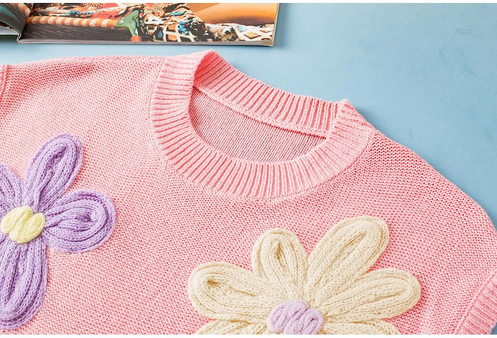 Pink Multi Crochet Flower Knit Short Sleeve Sweater Top