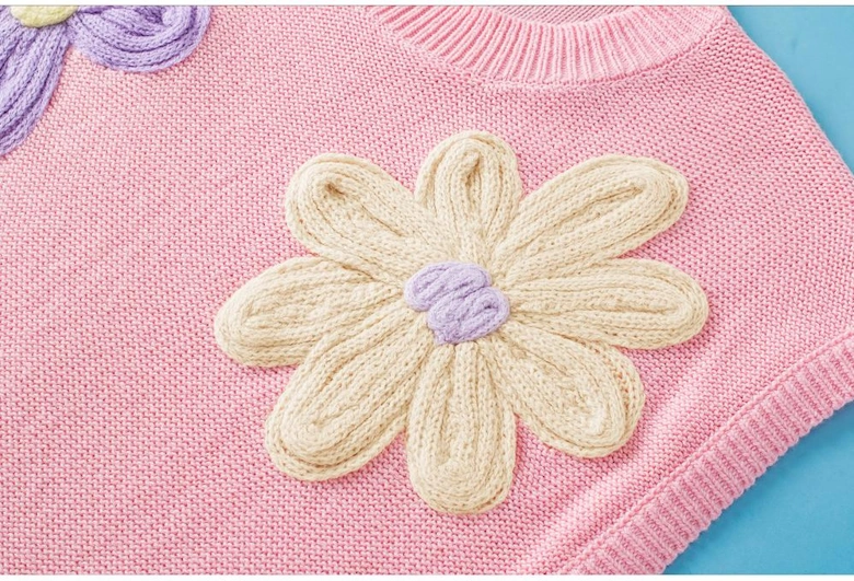 Pink Multi Crochet Flower Knit Short Sleeve Sweater Top