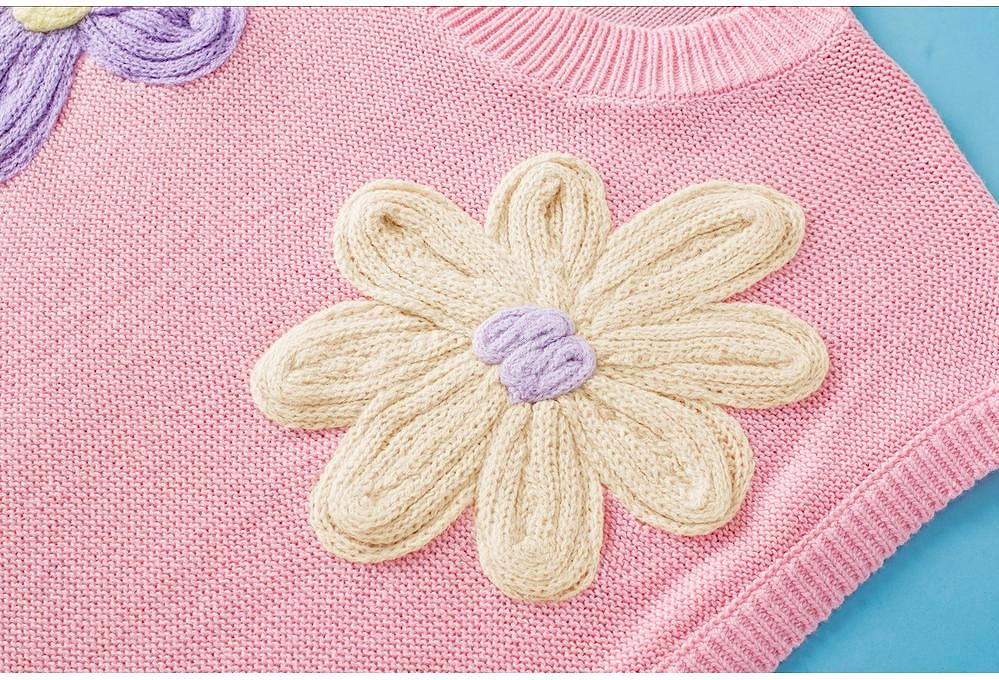 Pink Multi Crochet Flower Knit Short Sleeve Sweater Top