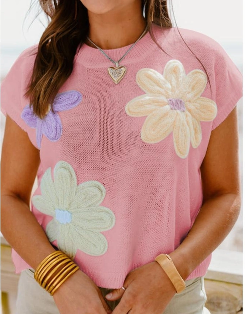Pink Multi Crochet Flower Knit Short Sleeve Sweater Top
