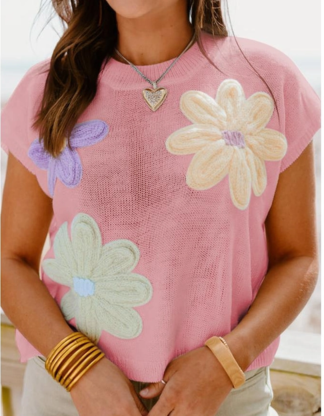 Pink Multi Crochet Flower Knit Short Sleeve Sweater Top