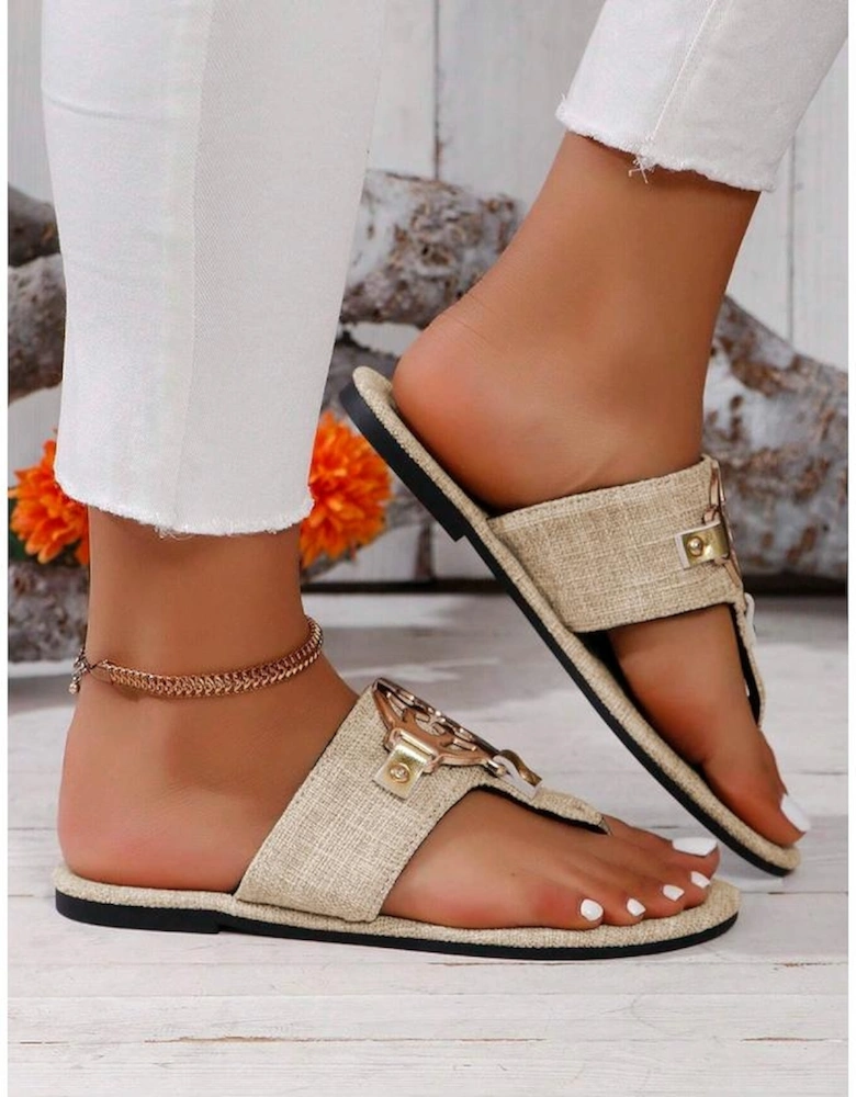 Beige Metal Decor Leather Thong Slippers