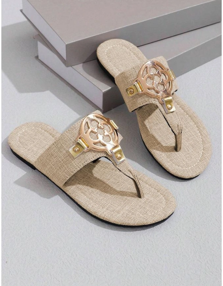Beige Metal Decor Leather Thong Slippers