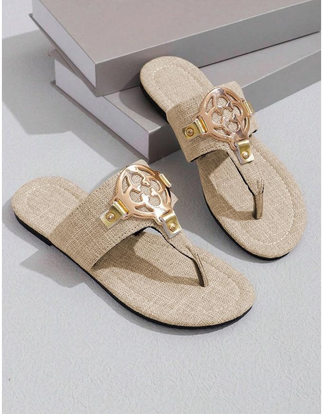 Beige Metal Decor Leather Thong Slippers
