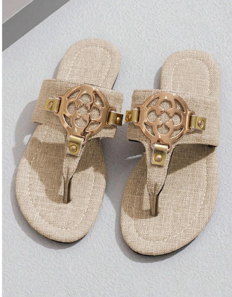 Beige Metal Decor Leather Thong Slippers