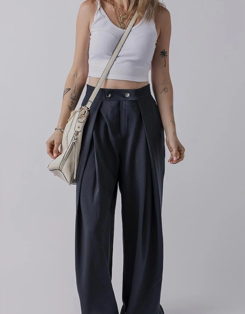 Dirty blue Dual Buttoned High Waist Pleated Wide Leg Pants