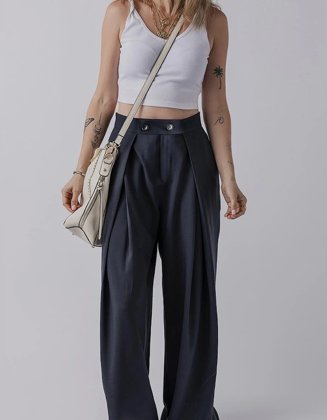 Dirty blue Dual Buttoned High Waist Pleated Wide Leg Pants