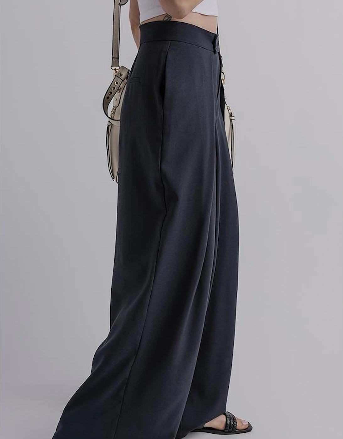 Dirty blue Dual Buttoned High Waist Pleated Wide Leg Pants
