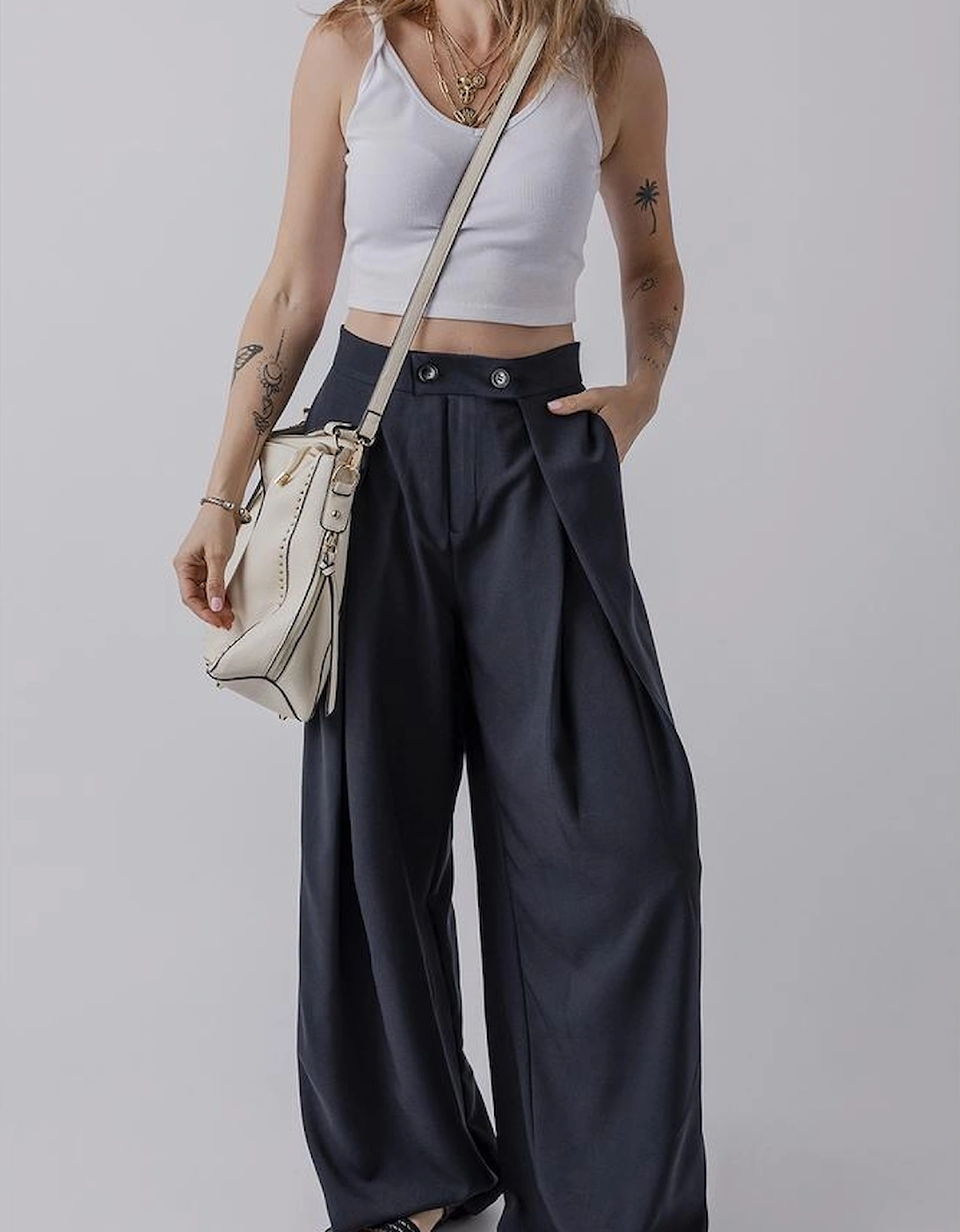 Dirty blue Dual Buttoned High Waist Pleated Wide Leg Pants