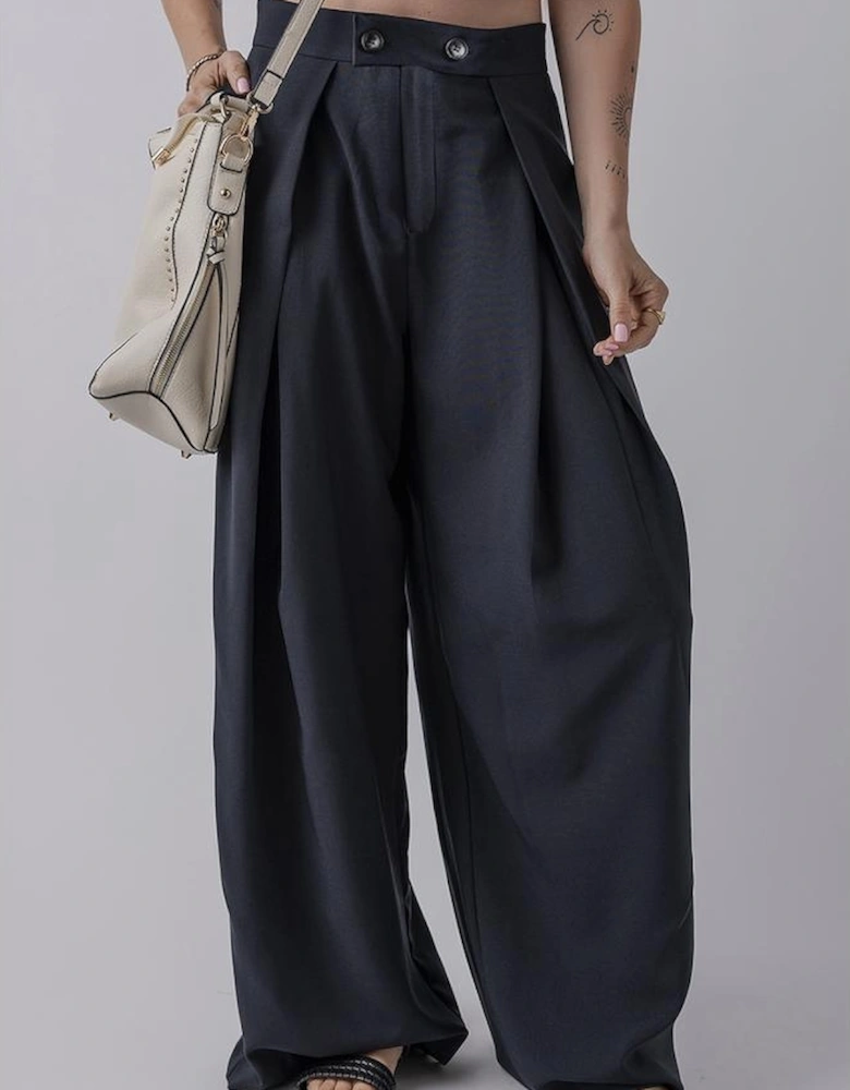 Dirty blue Dual Buttoned High Waist Pleated Wide Leg Pants