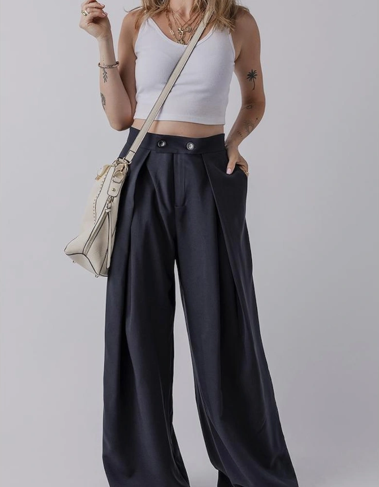 Dirty blue Dual Buttoned High Waist Pleated Wide Leg Pants