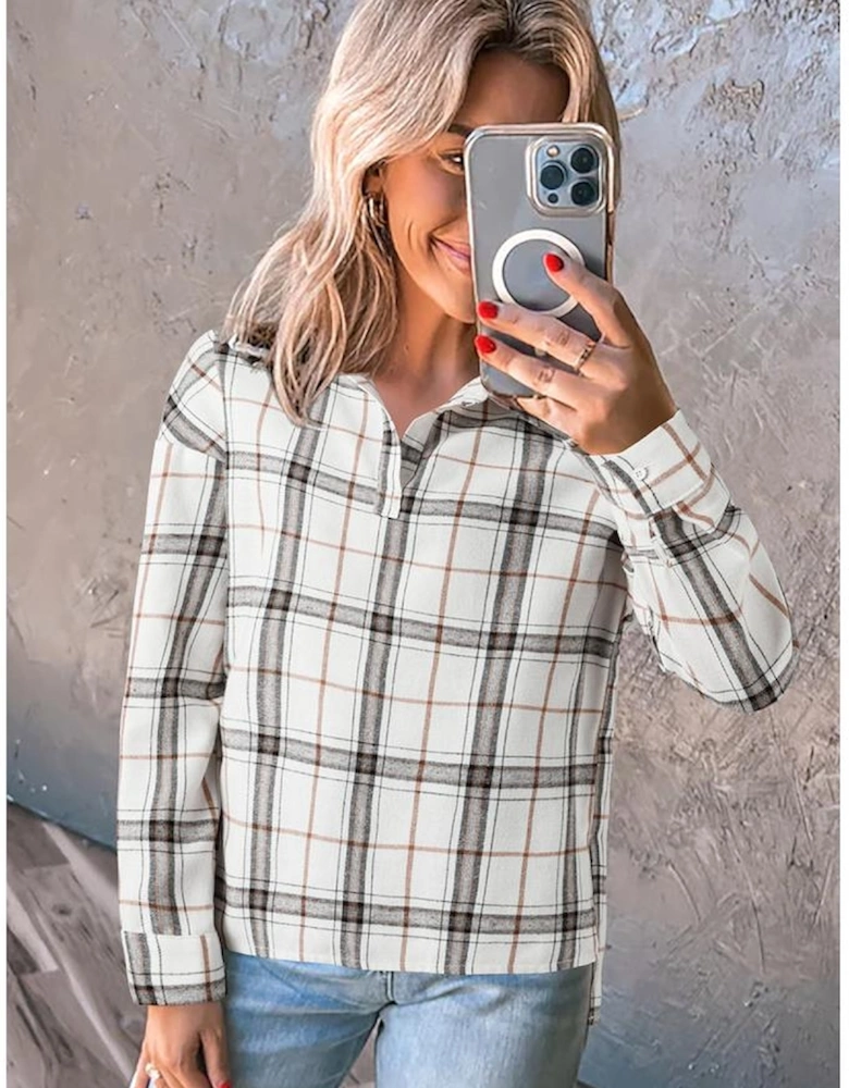 White Plaid Print Collared V Neck Loose Blouse with Side Slits