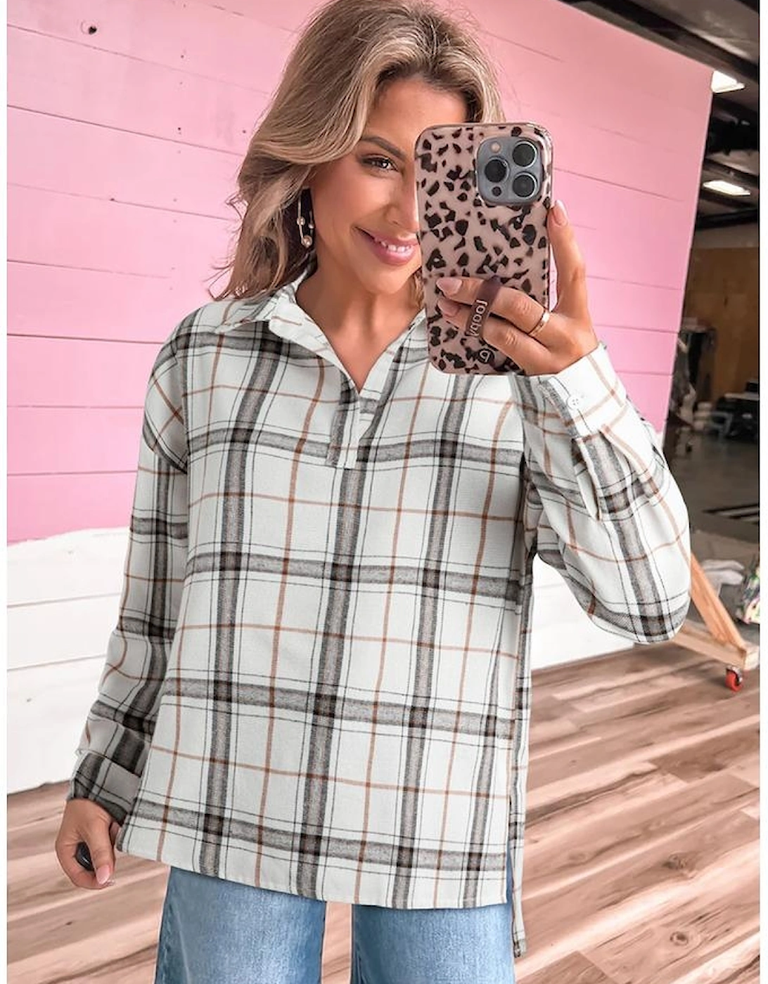 White Plaid Print Collared V Neck Loose Blouse with Side Slits