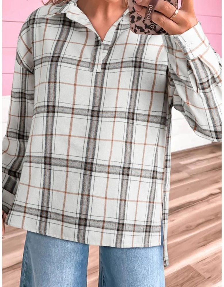 White Plaid Print Collared V Neck Loose Blouse with Side Slits
