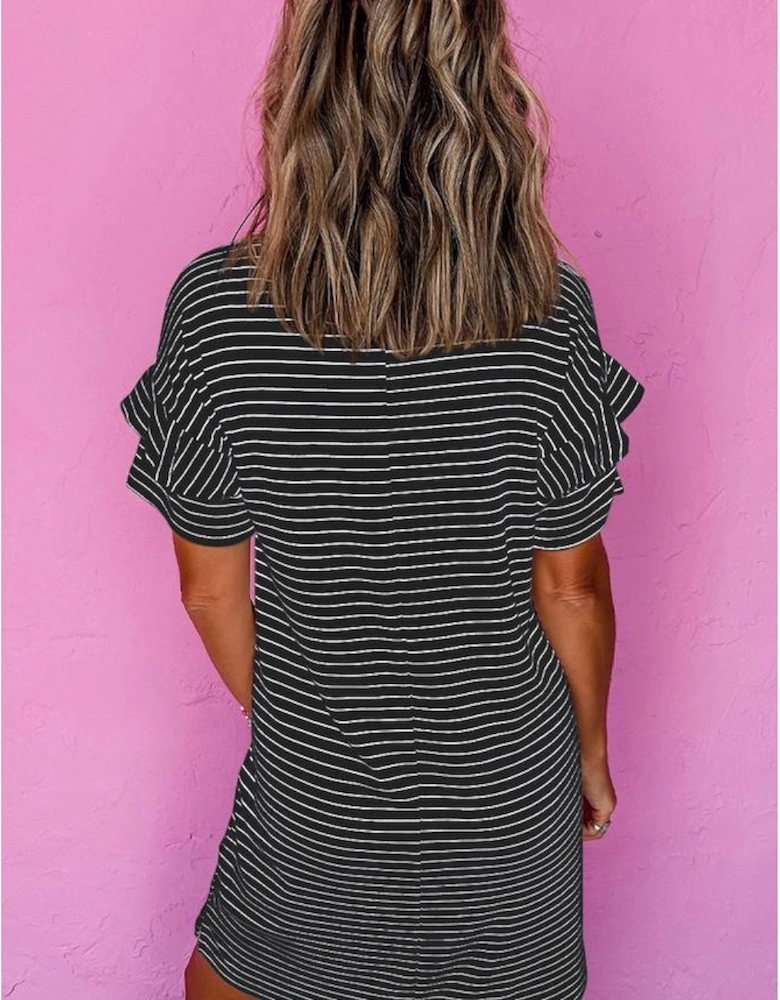 Black Stripe Ruffled Short Sleeve Crew Neck T Shirt Shift Mini Dress