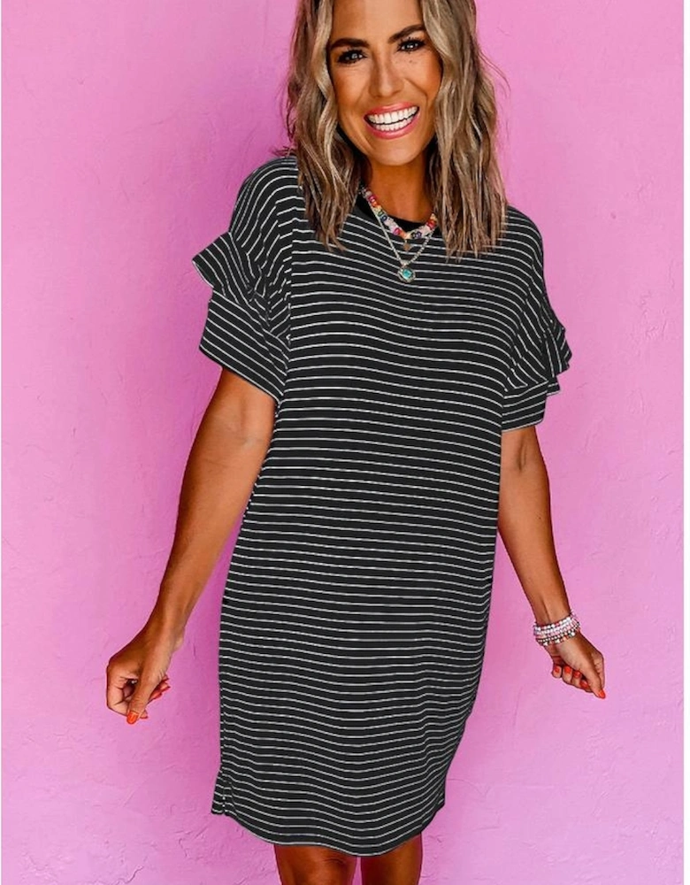 Black Stripe Ruffled Short Sleeve Crew Neck T Shirt Shift Mini Dress