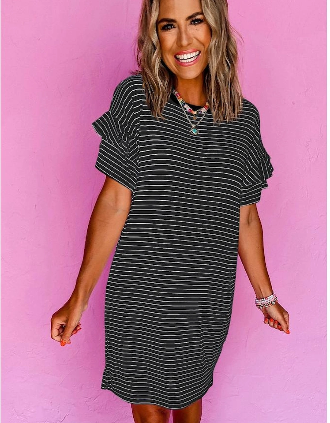 Black Stripe Ruffled Short Sleeve Crew Neck T Shirt Shift Mini Dress