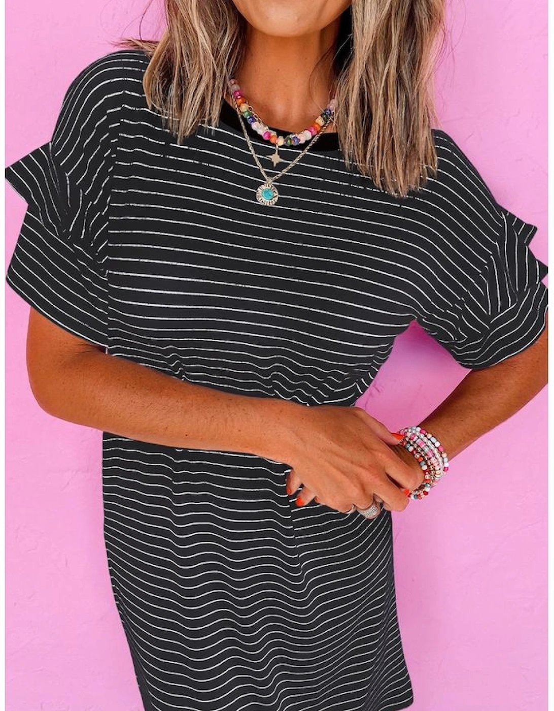 Black Stripe Ruffled Short Sleeve Crew Neck T Shirt Shift Mini Dress