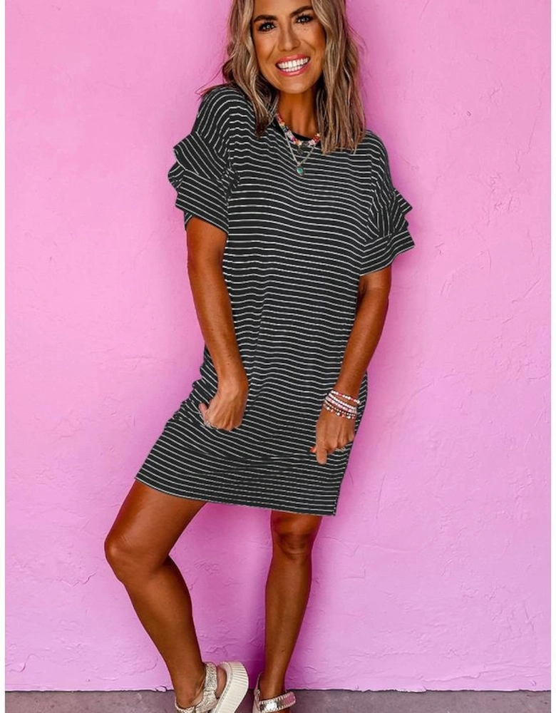 Black Stripe Ruffled Short Sleeve Crew Neck T Shirt Shift Mini Dress