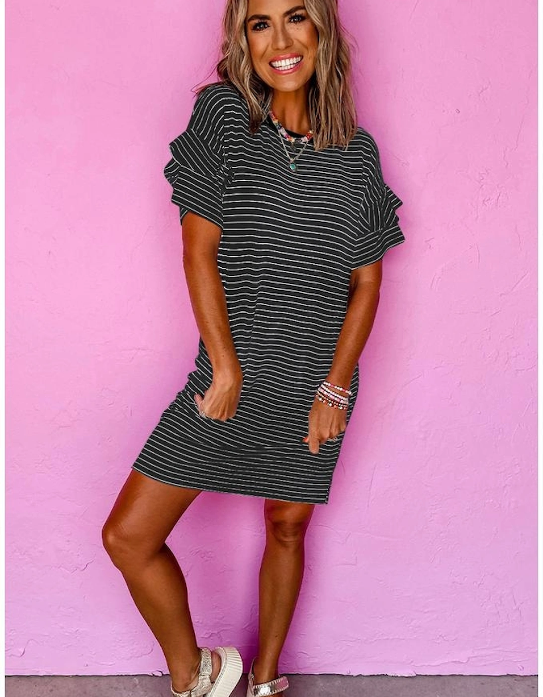 Black Stripe Ruffled Short Sleeve Crew Neck T Shirt Shift Mini Dress