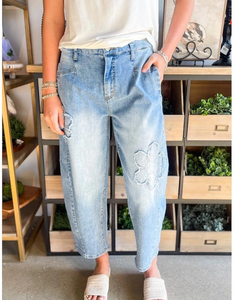 Beau Blue Flower Patched Light Wash Cropped High Waist Jeans