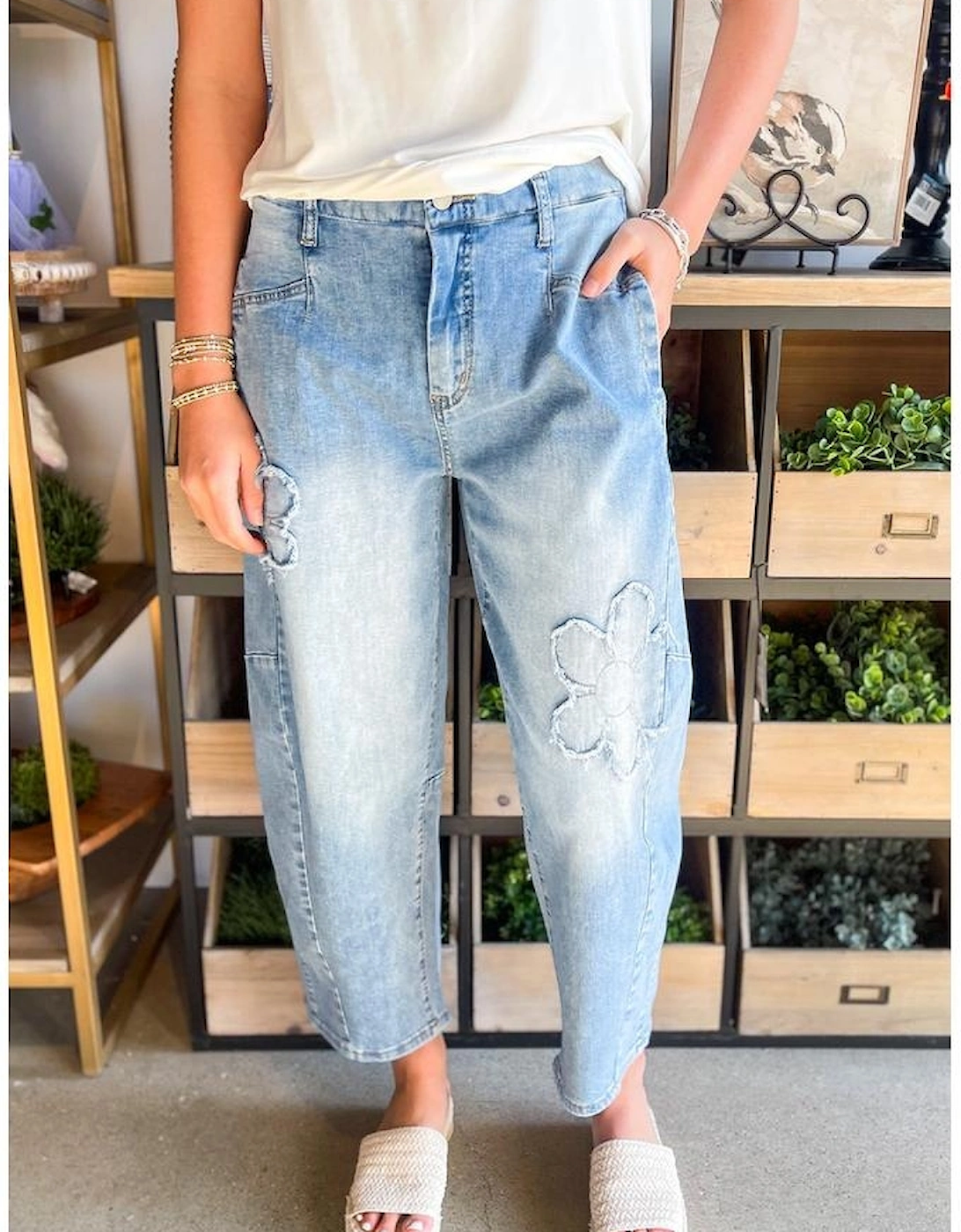 Beau Blue Flower Patched Light Wash Cropped High Waist Jeans