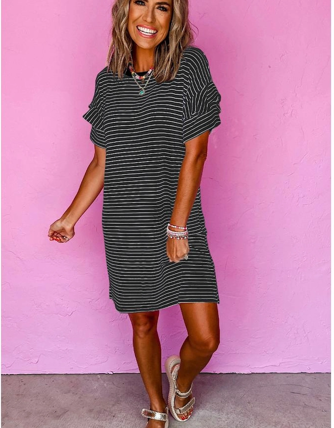 Black Stripe Ruffled Short Sleeve Crew Neck T Shirt Shift Mini Dress