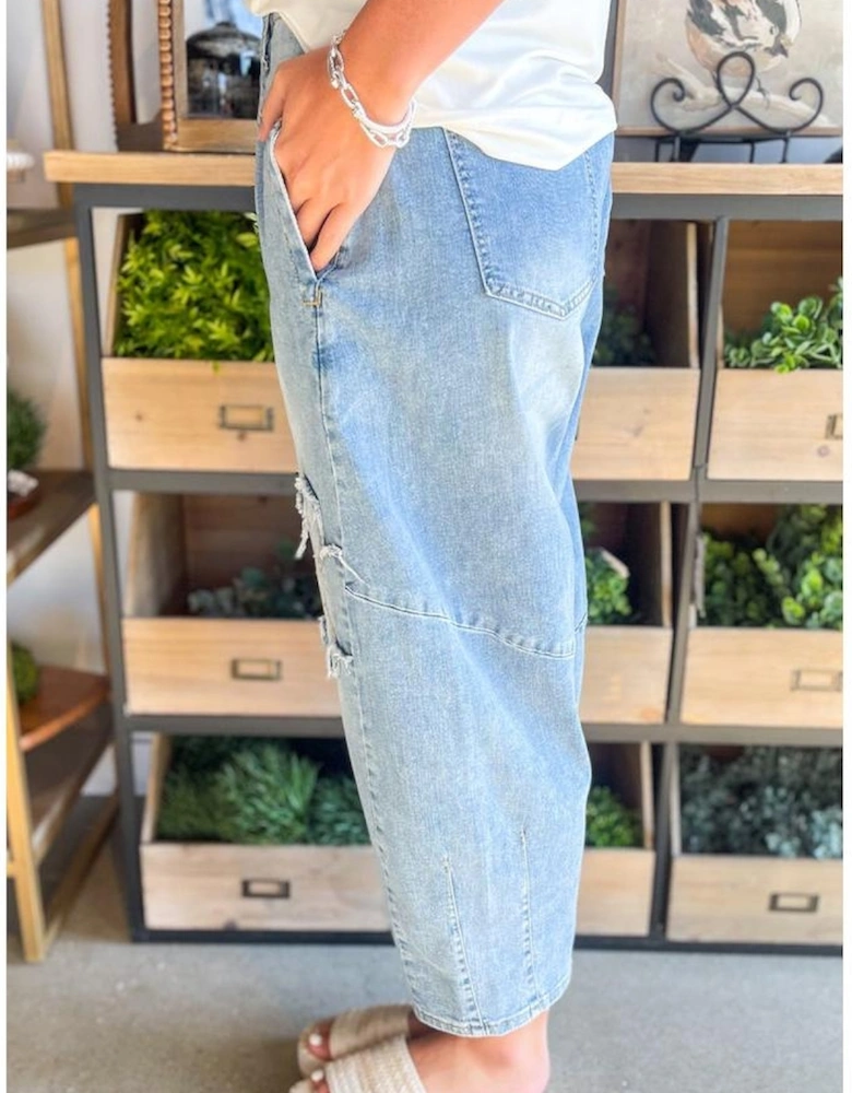 Beau Blue Flower Patched Light Wash Cropped High Waist Jeans