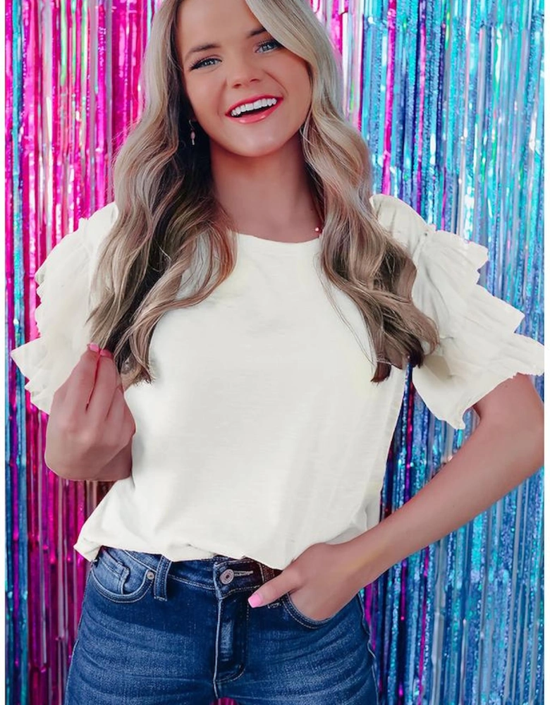 White Tulle Ruffle Sleeve Blouse