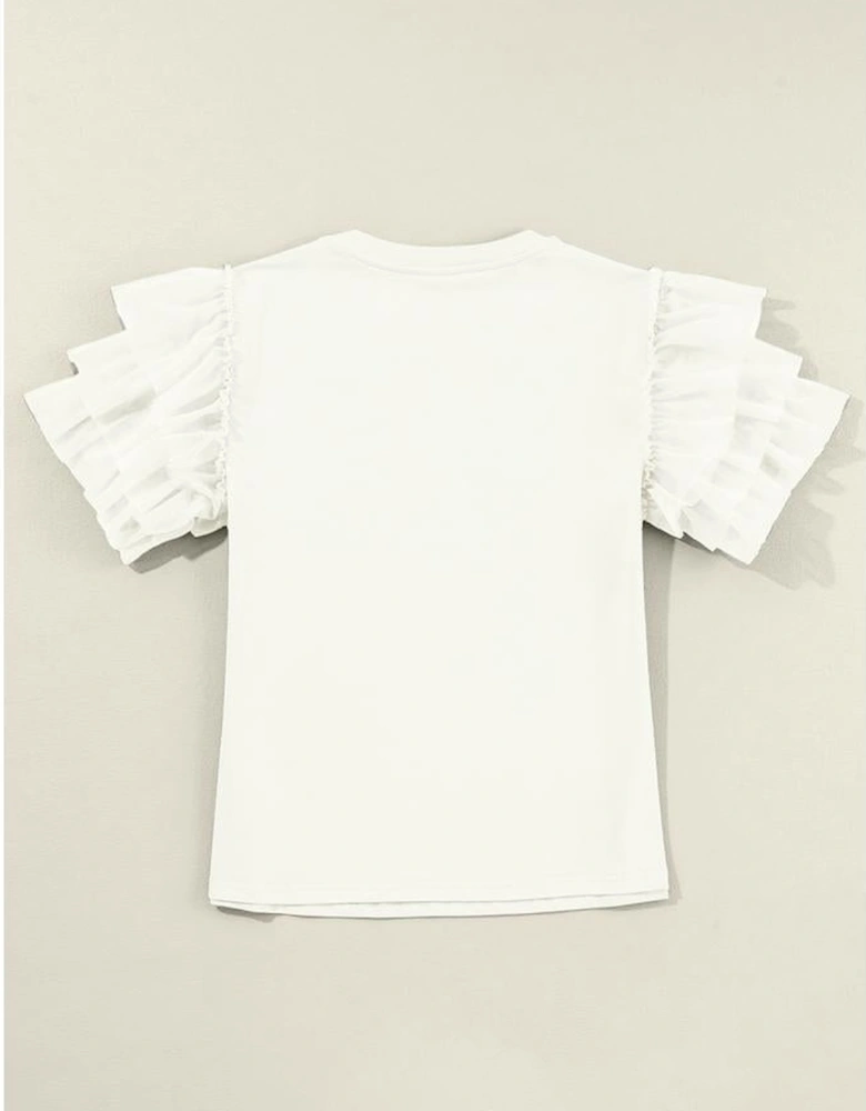 White Tulle Ruffle Sleeve Blouse
