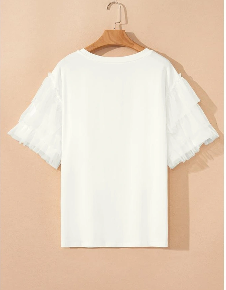 White Tulle Ruffle Sleeve Blouse
