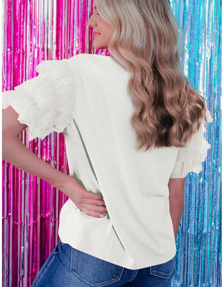 White Tulle Ruffle Sleeve Blouse