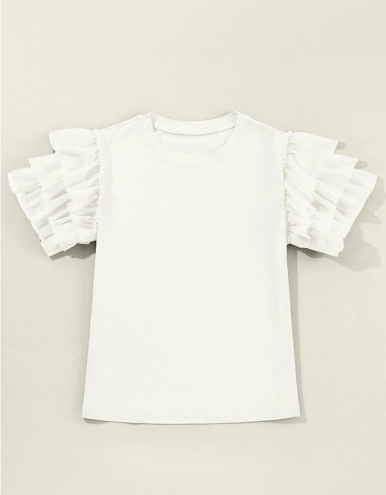 White Tulle Ruffle Sleeve Blouse