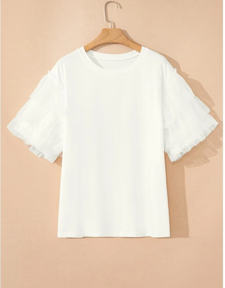 White Tulle Ruffle Sleeve Blouse