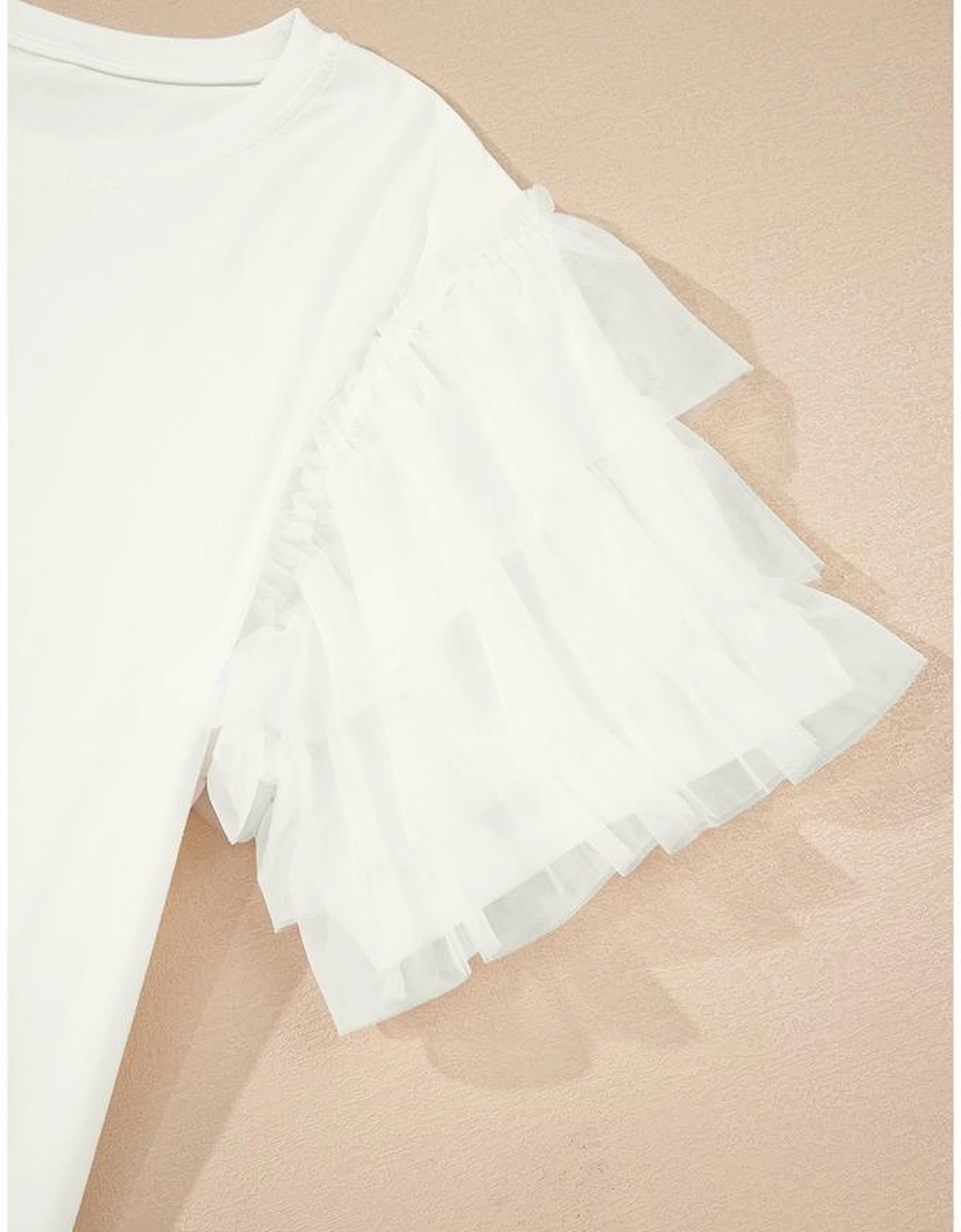 White Tulle Ruffle Sleeve Blouse