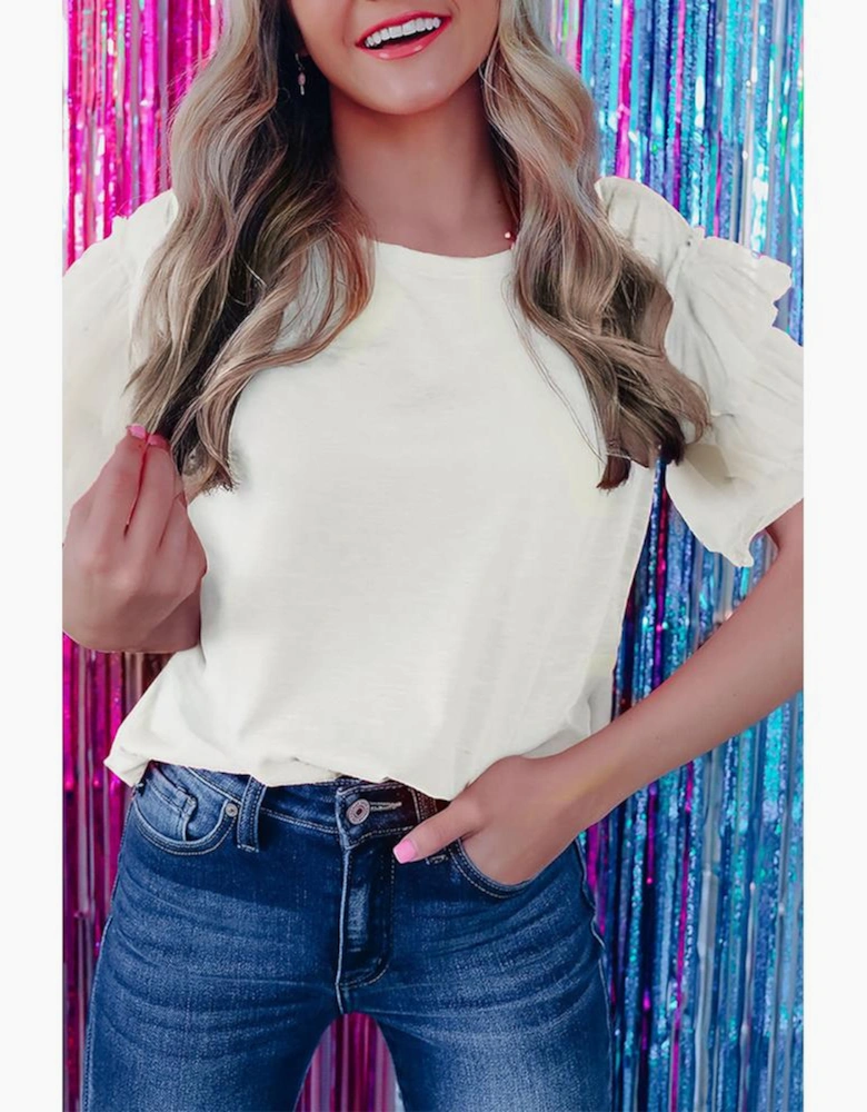 White Tulle Ruffle Sleeve Blouse