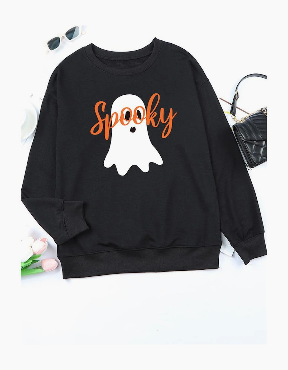 Black Halloween Spooky Ghost Print Crewneck Pullover Sweatshirt