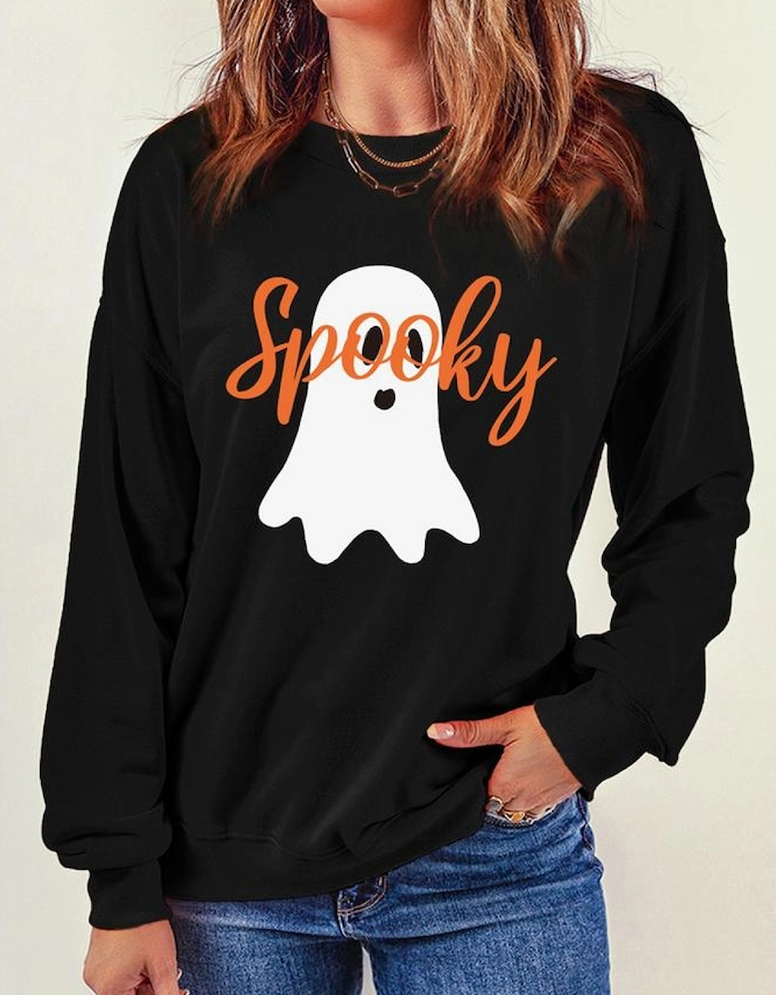 Black Halloween Spooky Ghost Print Crewneck Pullover Sweatshirt
