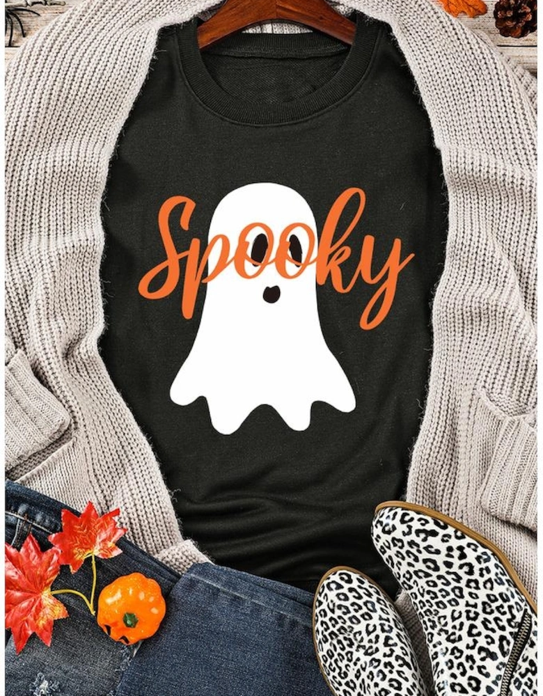 Black Halloween Spooky Ghost Print Crewneck Pullover Sweatshirt