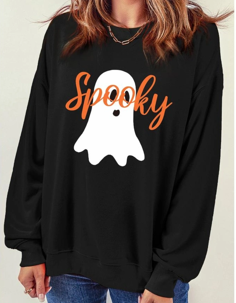 Black Halloween Spooky Ghost Print Crewneck Pullover Sweatshirt