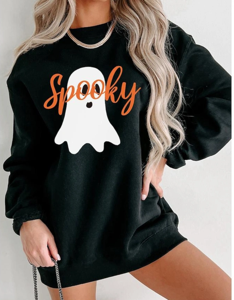 Black Halloween Spooky Ghost Print Crewneck Pullover Sweatshirt
