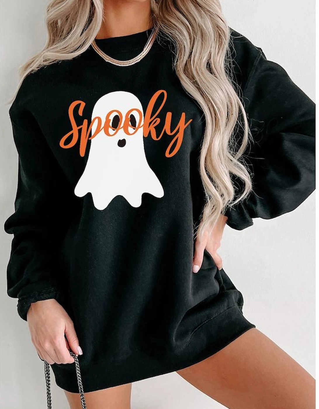 Black Halloween Spooky Ghost Print Crewneck Pullover Sweatshirt