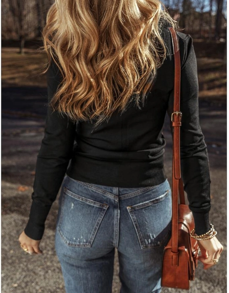 Black Solid Color Slim Fit Lightweight Crew Neck Sweater