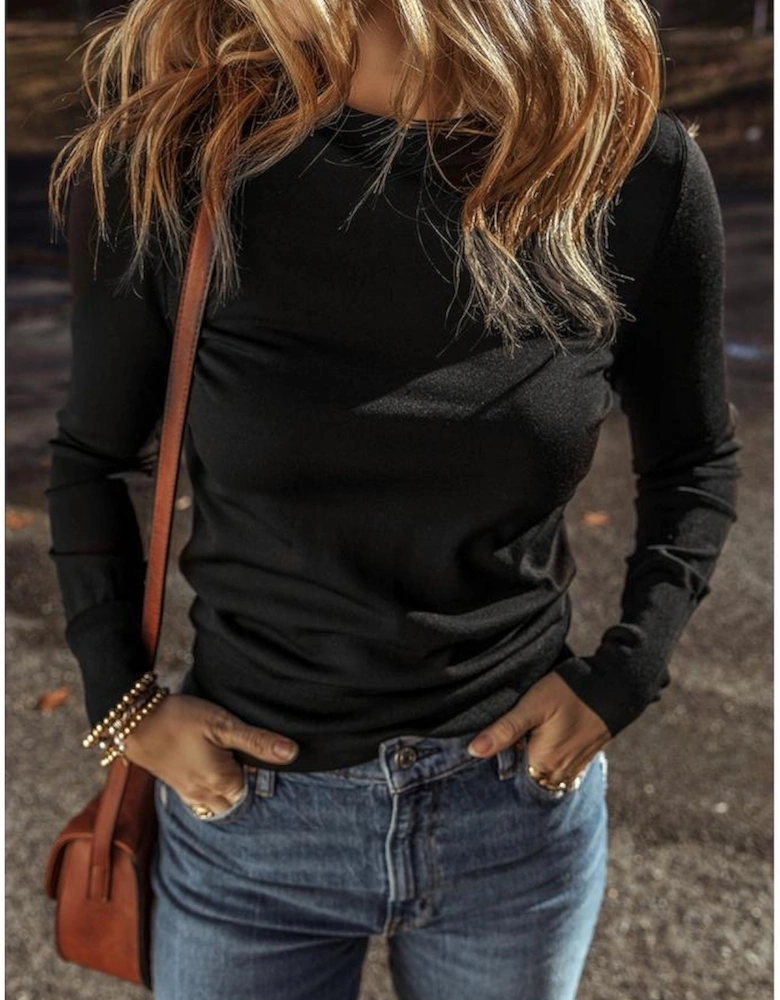 Black Solid Color Slim Fit Lightweight Crew Neck Sweater