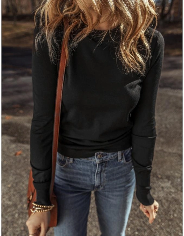 Black Solid Color Slim Fit Lightweight Crew Neck Sweater